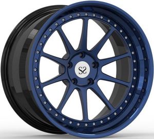 Custom 3 Piece Forged Wheels Polished Blue Center and Lip Rims for BMW, Porsche, Mercedes Benz Vehicles